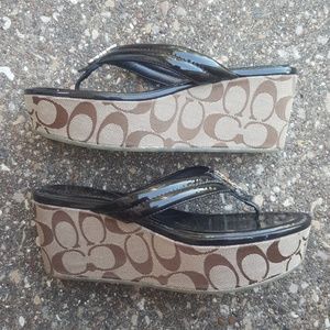 Coach Nella Patent Black Logo Thong Wedge Sandals